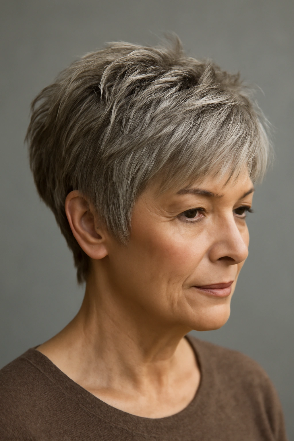 Close-up of a textured pixie cut with choppy layers and lifted crown.