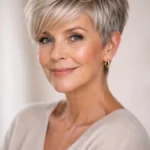 Portrait of a woman with a textured pixie cut showing volume on top