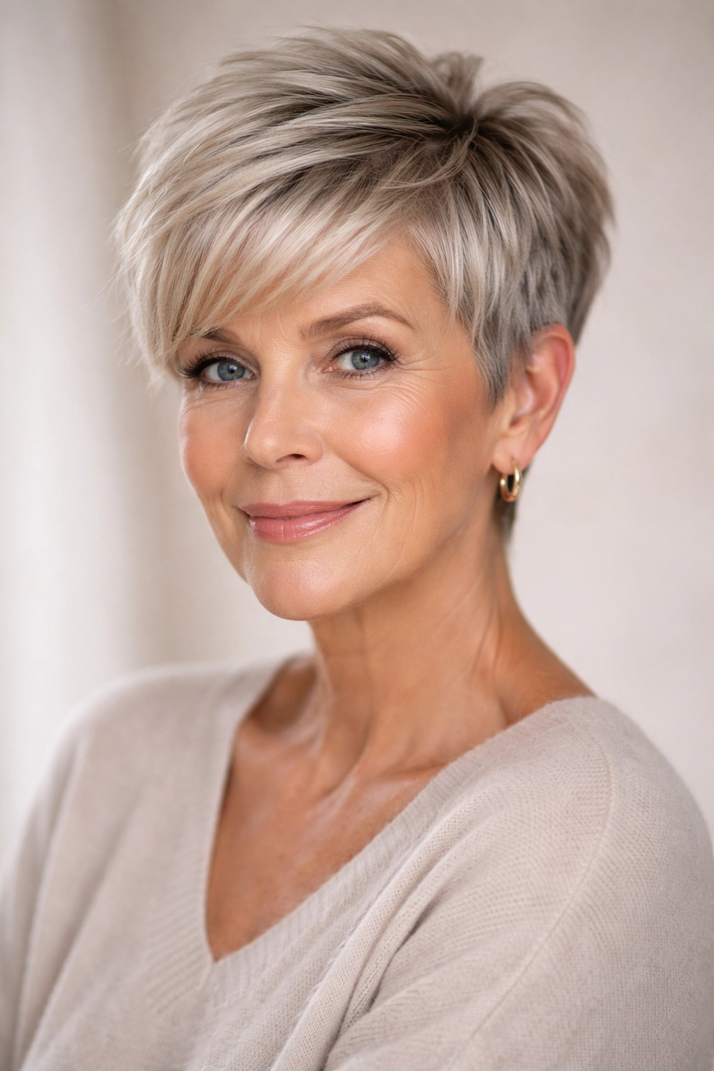 Portrait of a woman with a textured pixie cut showing volume on top
