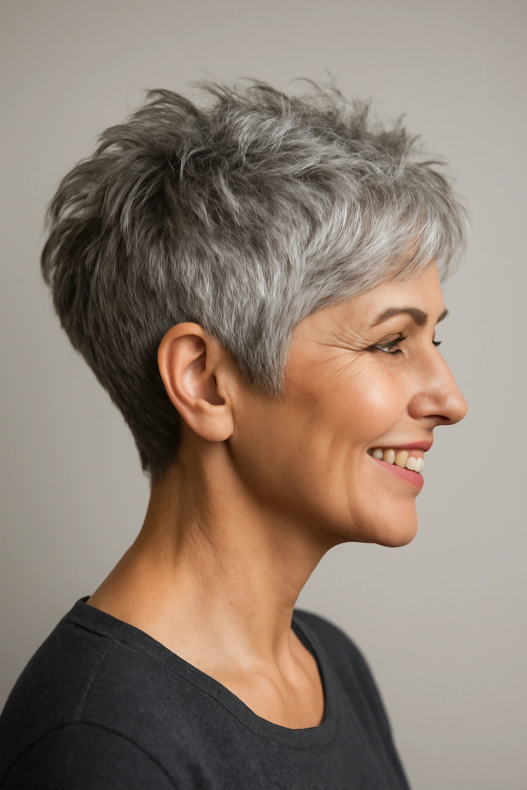 Chic textured pixie cut on a mature woman with gray hair and soft layers