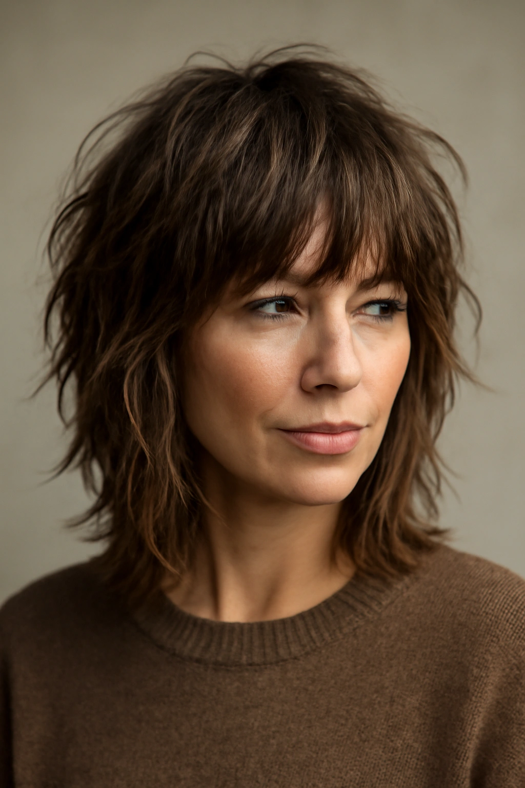 Woman with textured shag and choppy bangs showing volume and texture