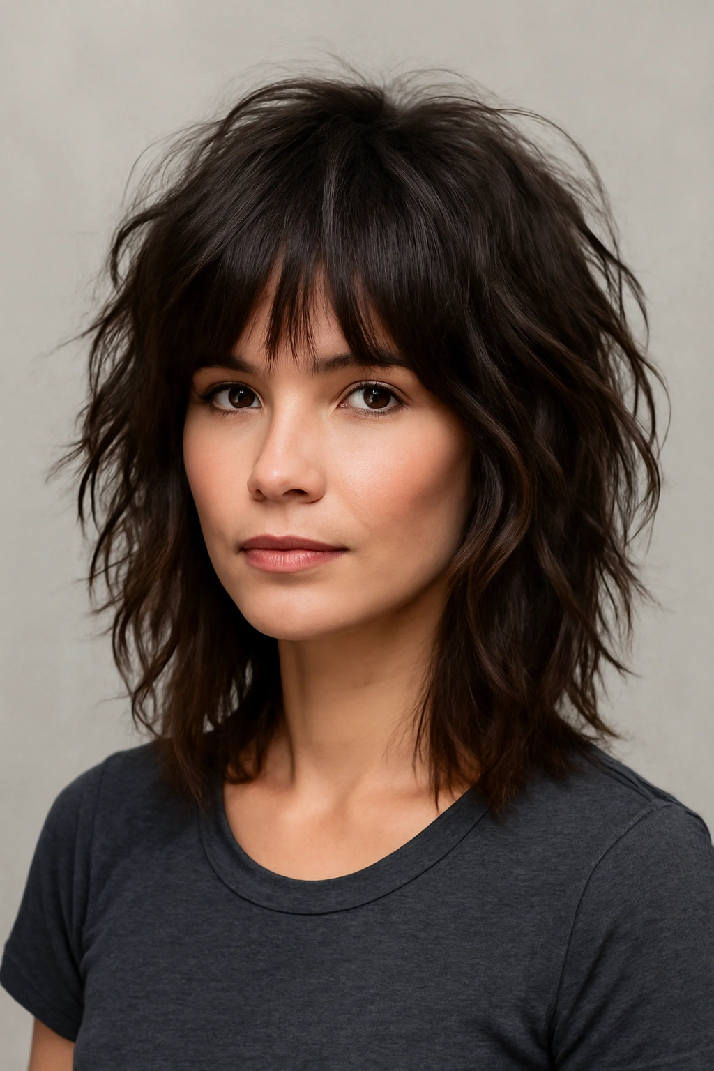 A shoulder-length textured shag haircut with choppy layers and voluminous movement.
