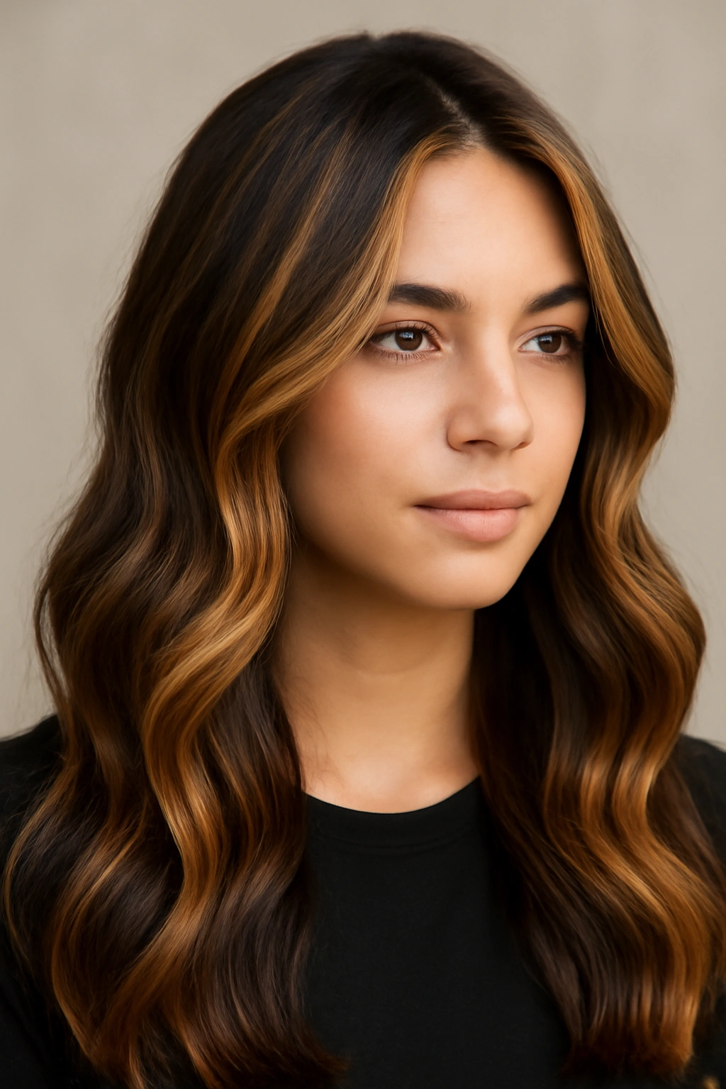 Dark wavy hair with bold thick honey highlights framing the face