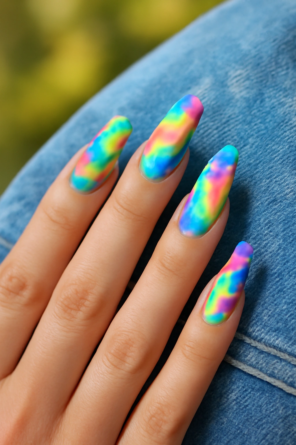 Hand with long nails featuring colorful retro tie-dye patterns in blue pink and green.