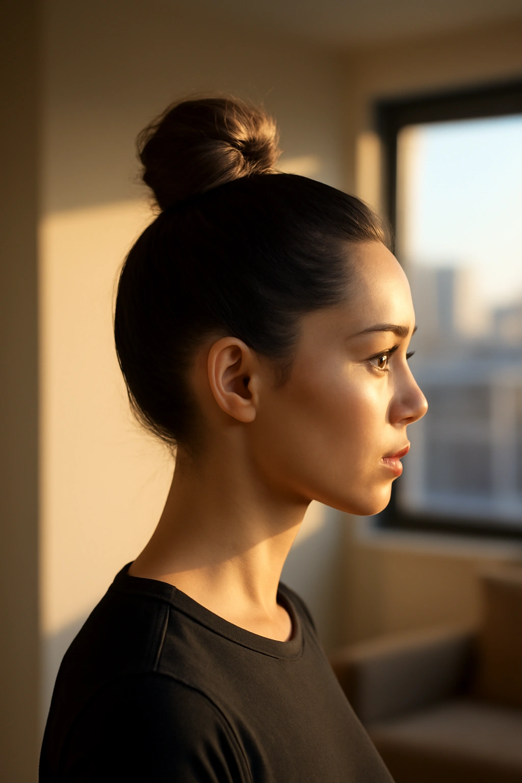 A sleek brunette top knot hairstyle positioned high on the crown of the head.