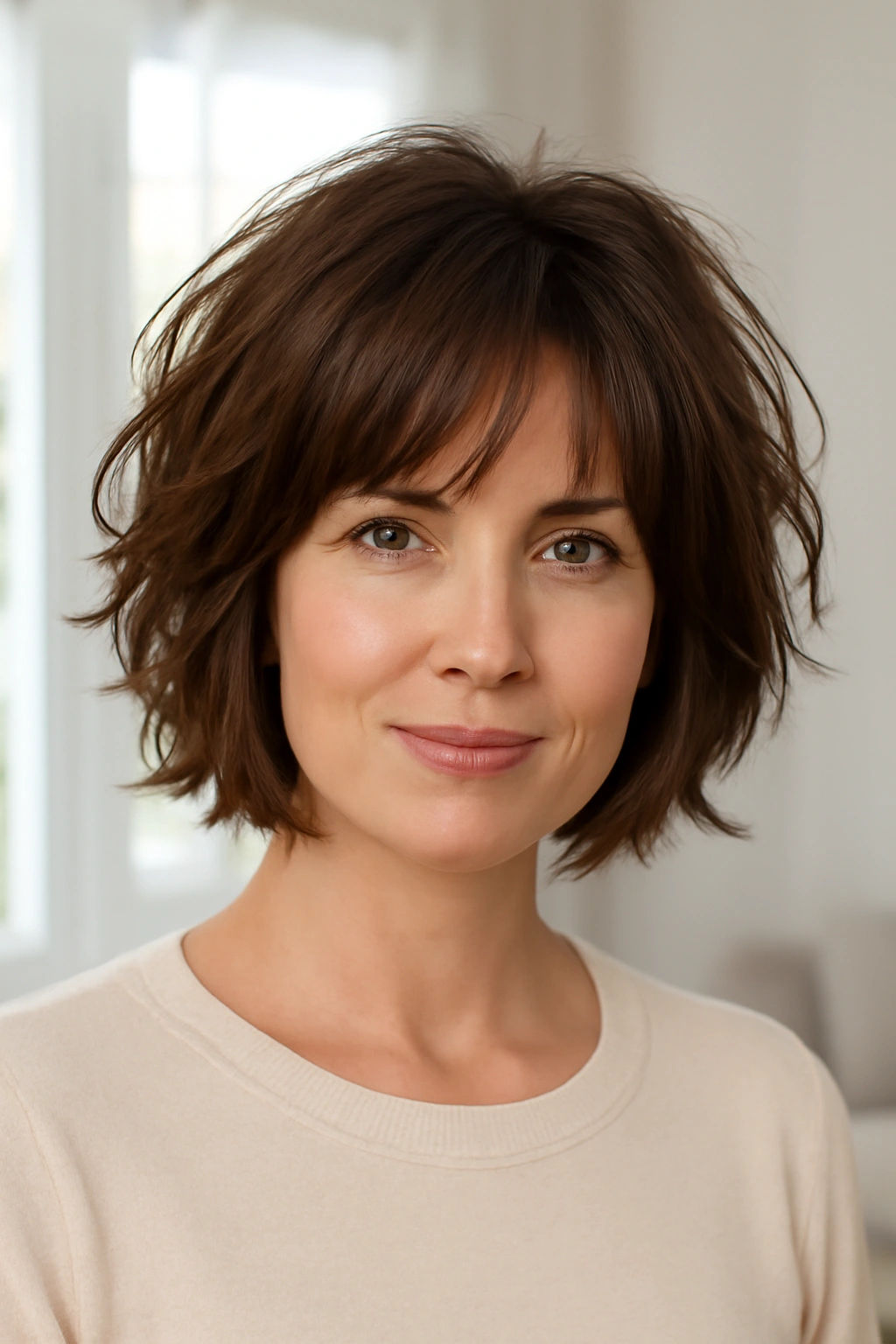 Woman over 40 with a tousled bob and soft wispy bangs