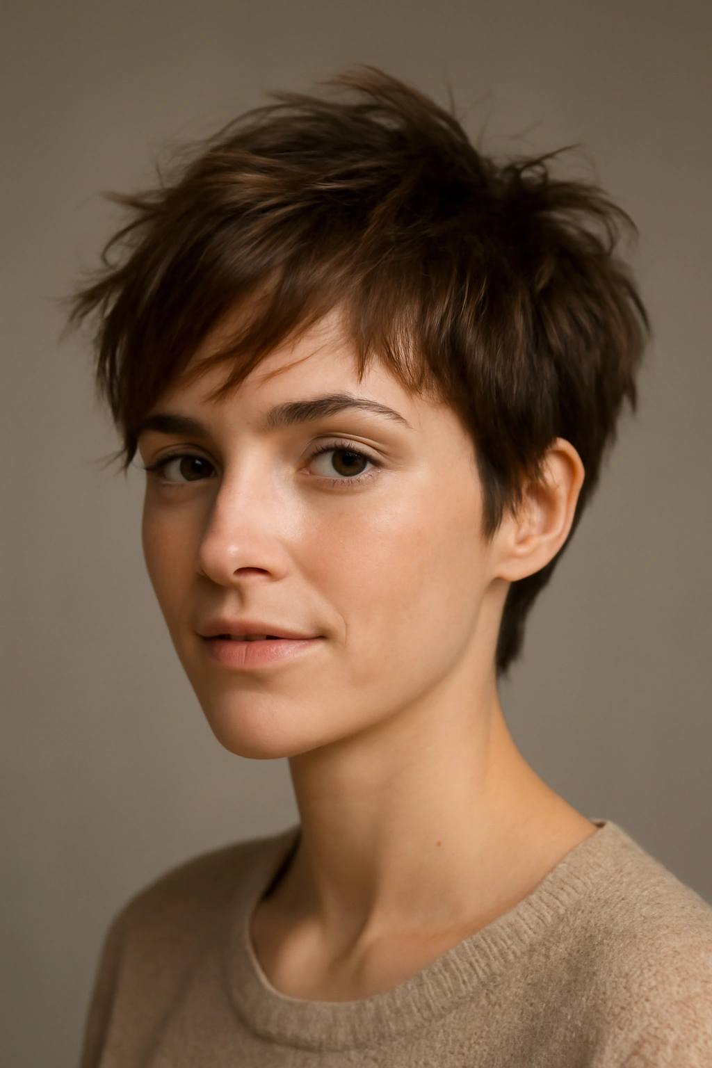 Portrait of a person with a tousled pixie cut, textured and messy.