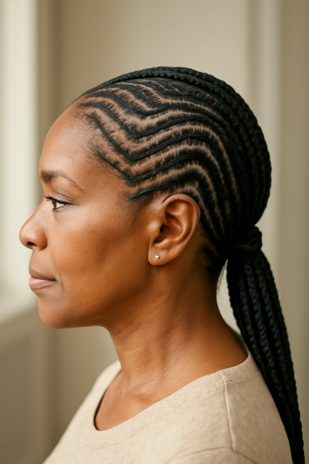 Intricate tribal braids with clean geometric patterns on a mature Black woman with a confident smile.