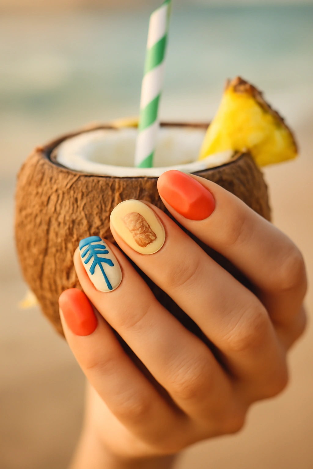 Tropical mixed pattern manicure featuring palm trees and seashells on different nails