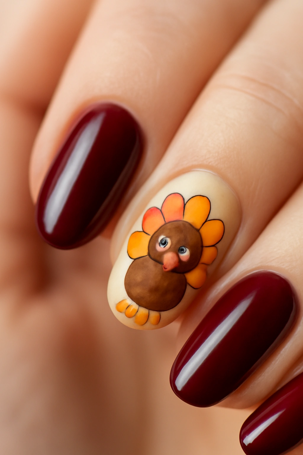 Detailed turkey nail art on a single accent nail for Thanksgiving