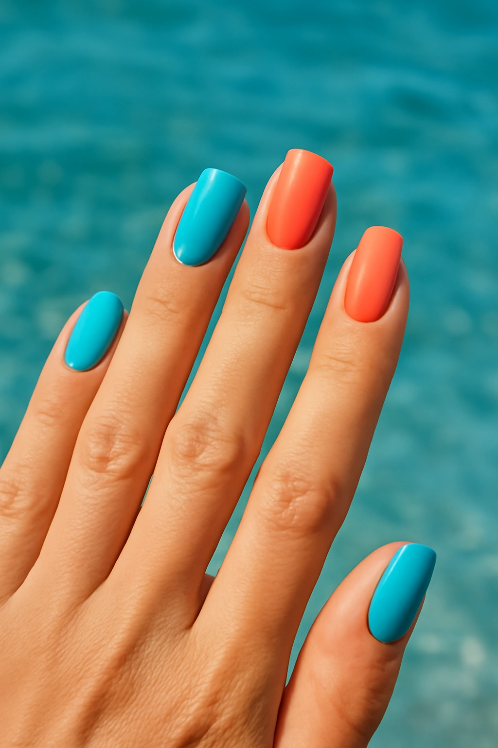 Fingernails alternating between bright turquoise blue and vibrant coral pink polish