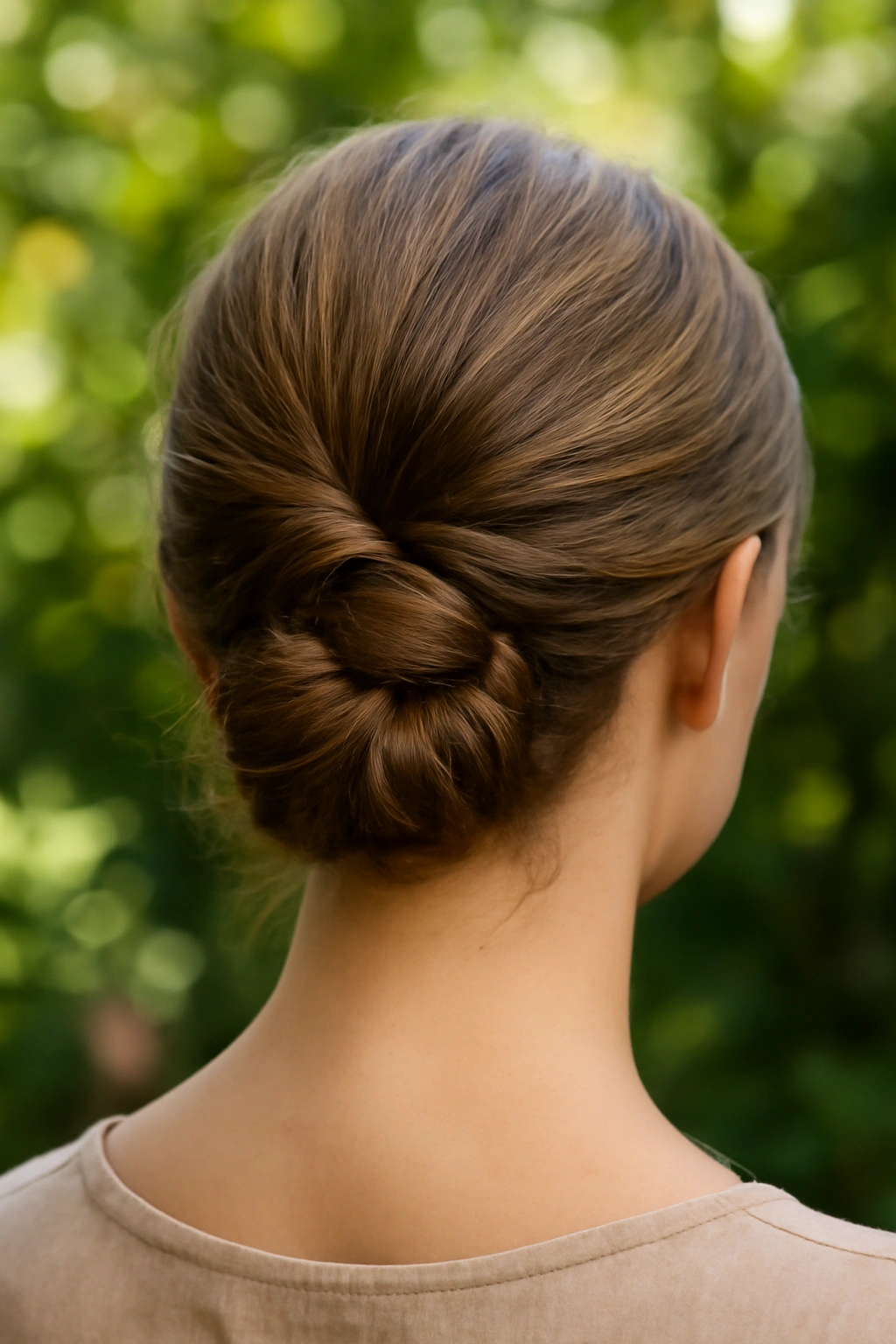 Detailed view of a twisted low bun showing textured hair spirals