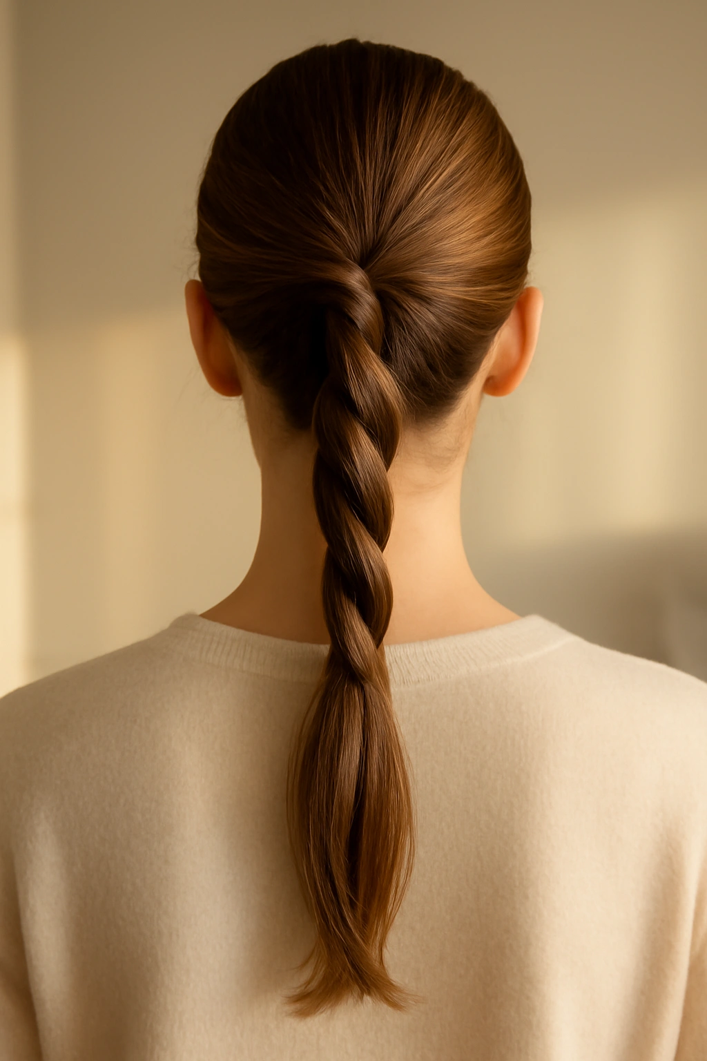 Close up of a twisted ponytail hairstyle showing the rope-like texture of the hair