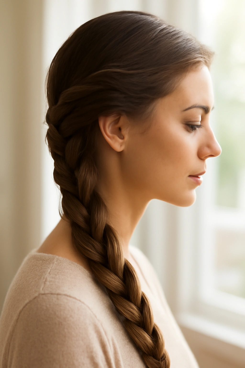 Close-up of a two-strand wrap braid hairstyle on a woman with brown hair, showing the twisted rope texture.