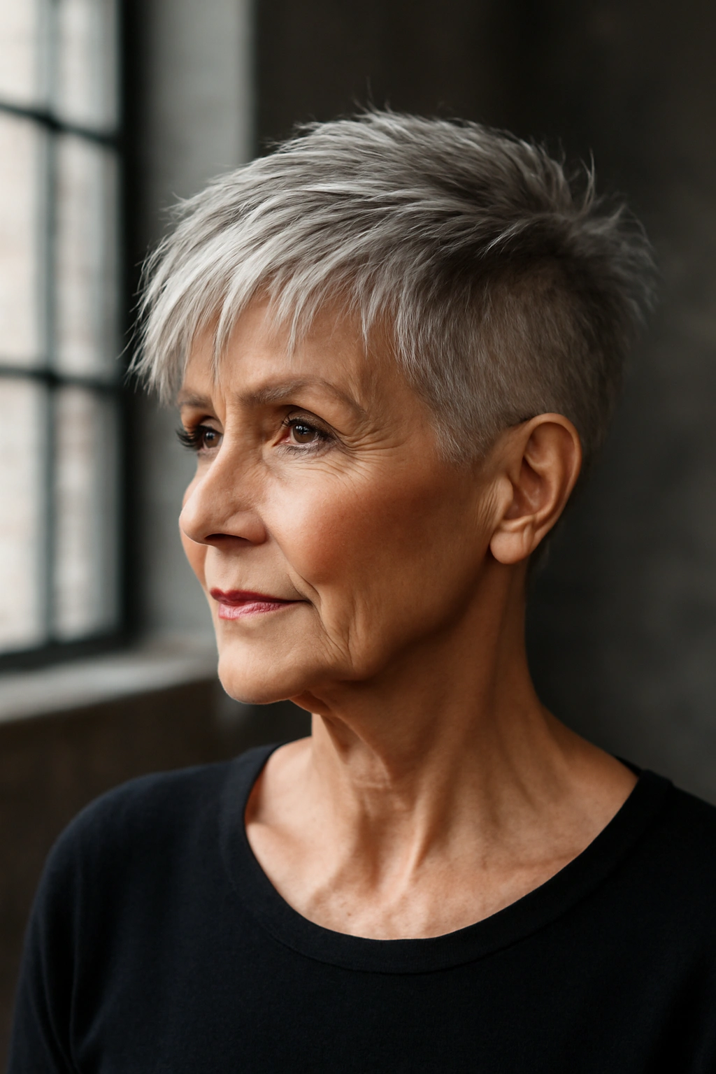 Bold undercut pixie with choppy top layers on woman over 70