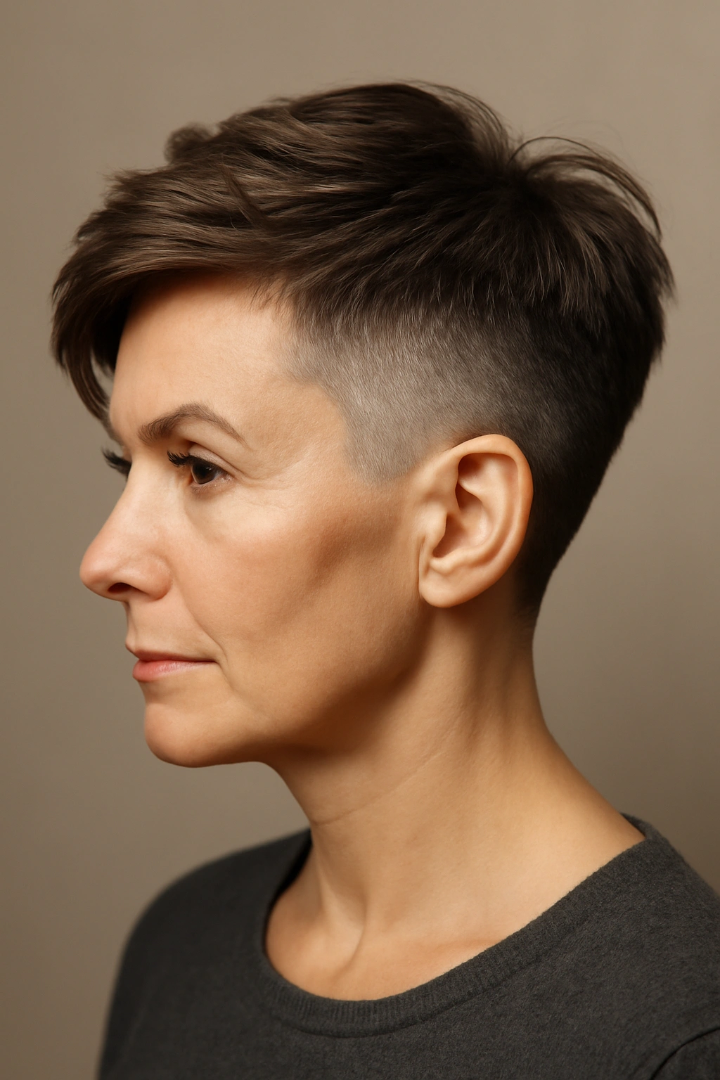 Undercut pixie haircut with shaved sides and longer top