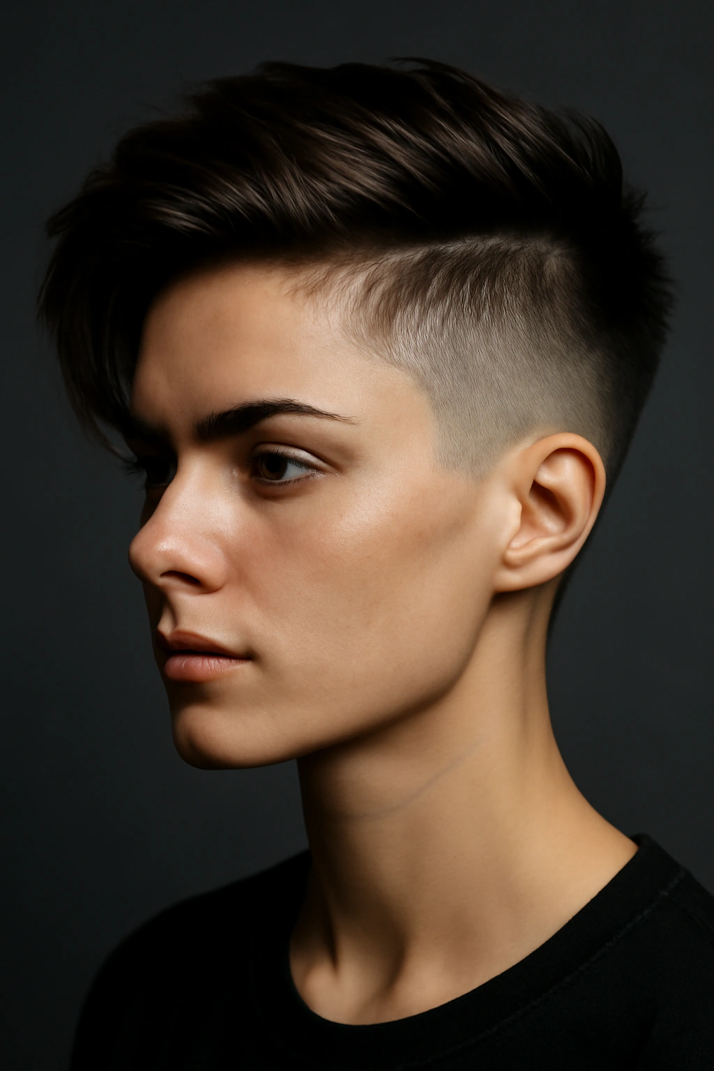 Portrait of a person with an edgy undercut, shaved sides and longer top.