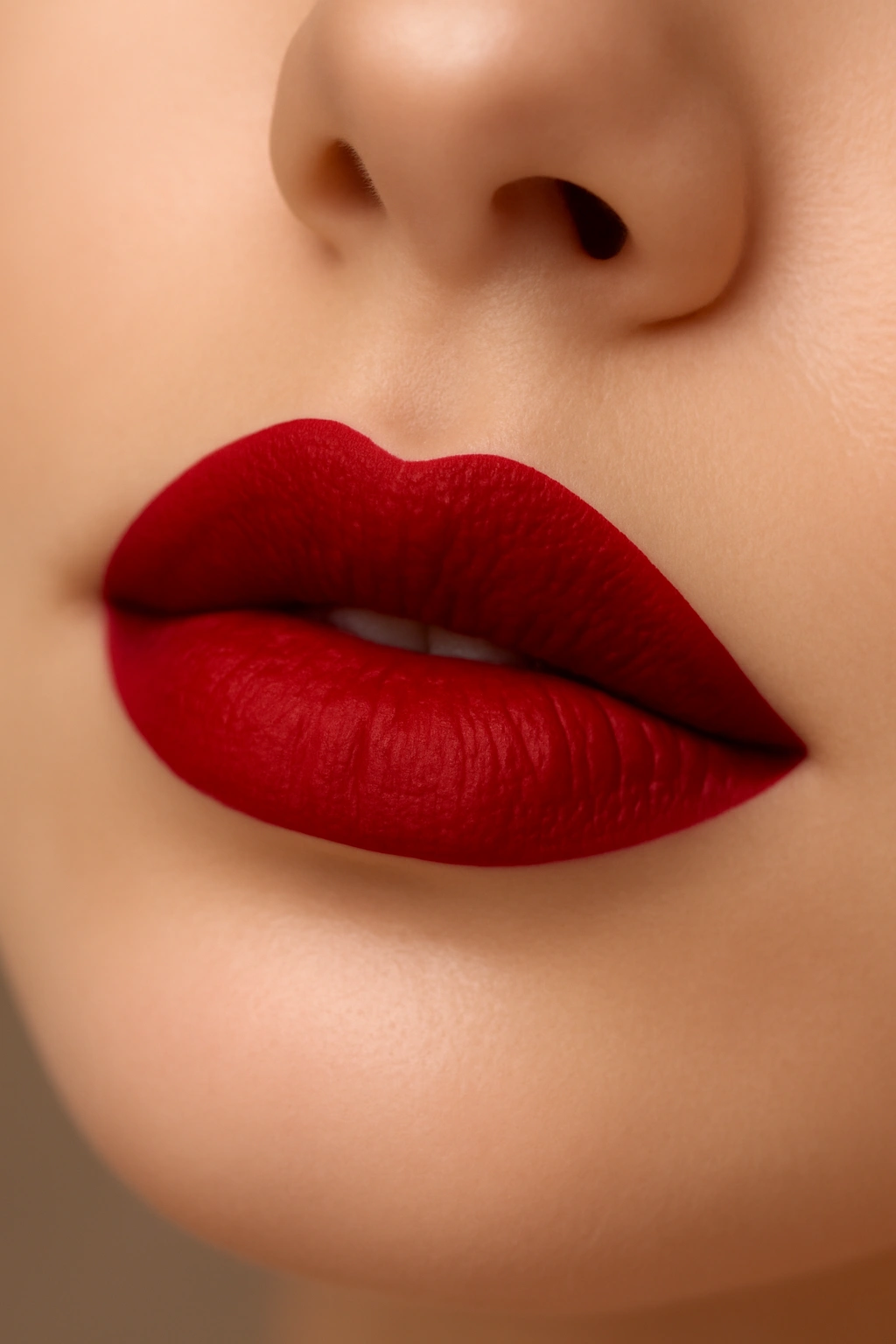 Close up of velvet red matte lipstick on a bride's lips with a soft plush texture.