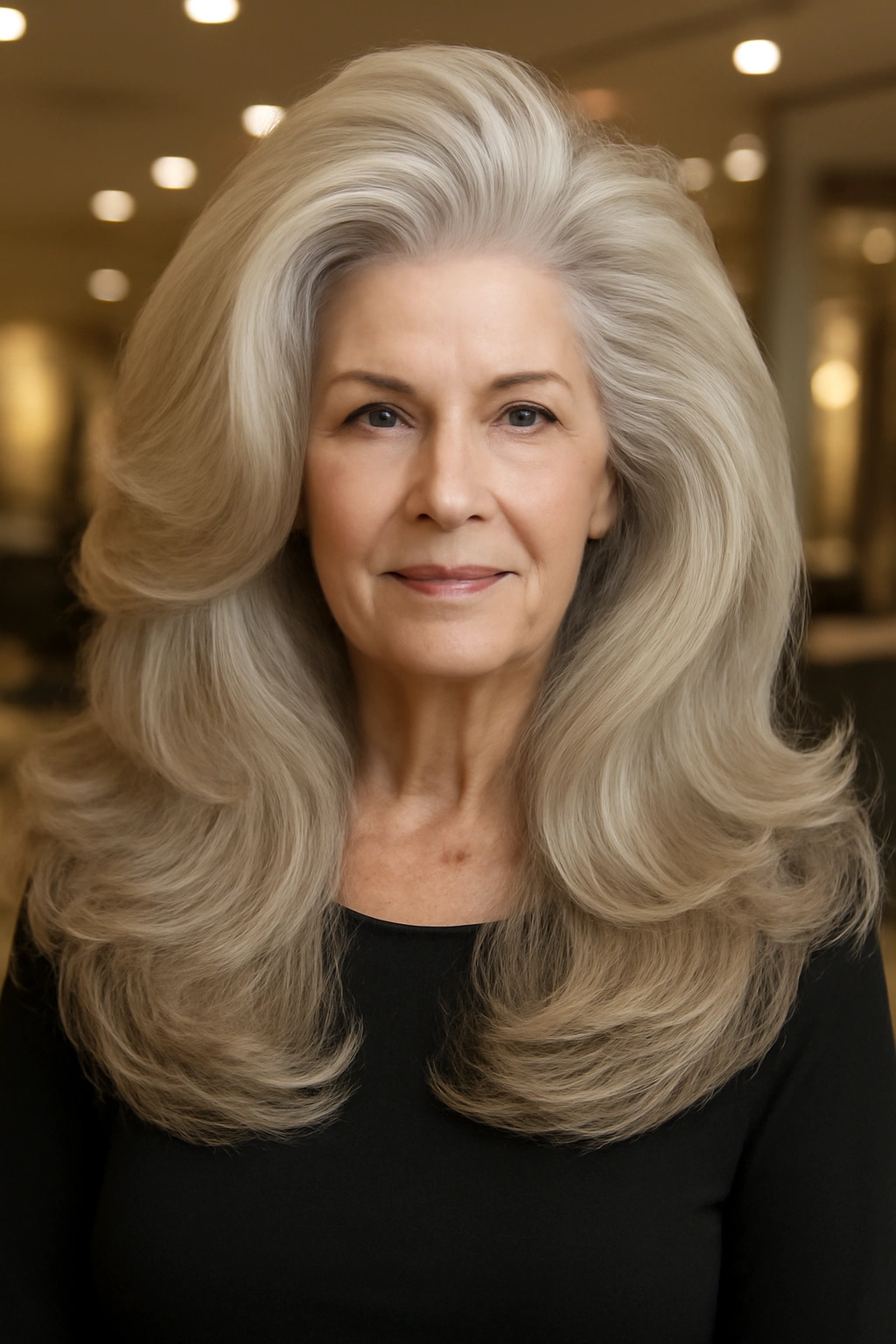 Luxurious voluminous blowout on a woman over 70 with long healthy hair.