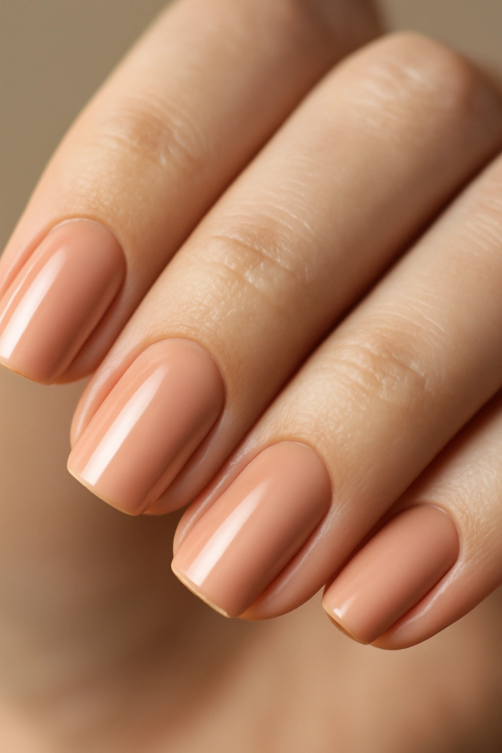 Close-up of a hand with warm nude nails with pink undertone.