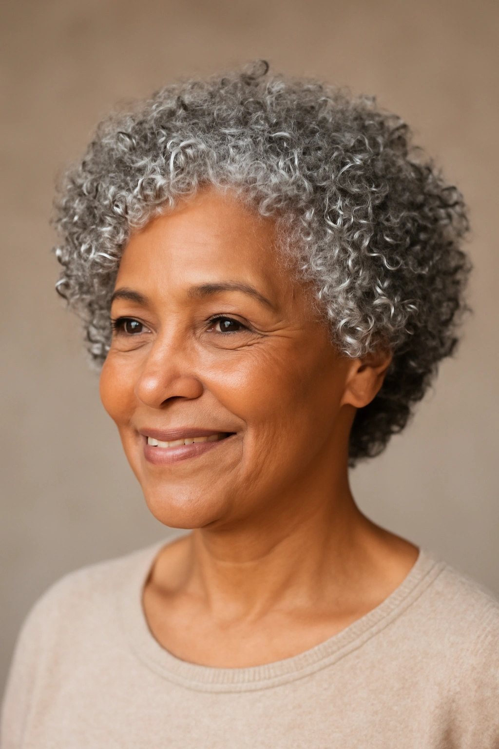 60+ woman with wash-and-go curly cut showing natural curls.