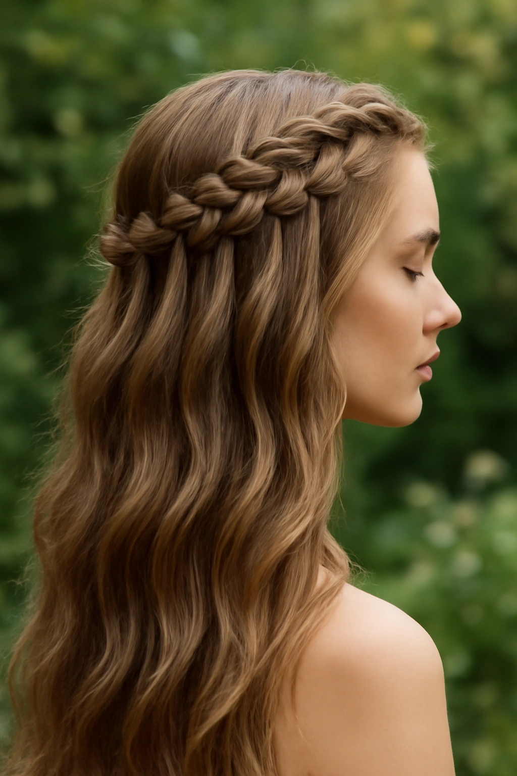 Side profile of a waterfall Dutch braid on long wavy hair with cascading strands of hair falling through the braid.