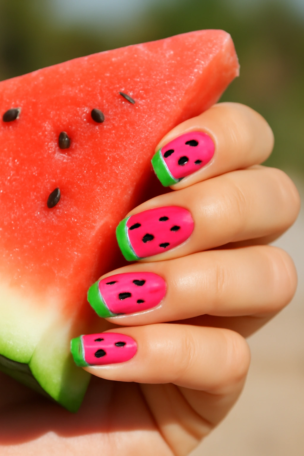 Nail art featuring pink base with black seeds and green tips to look like watermelons