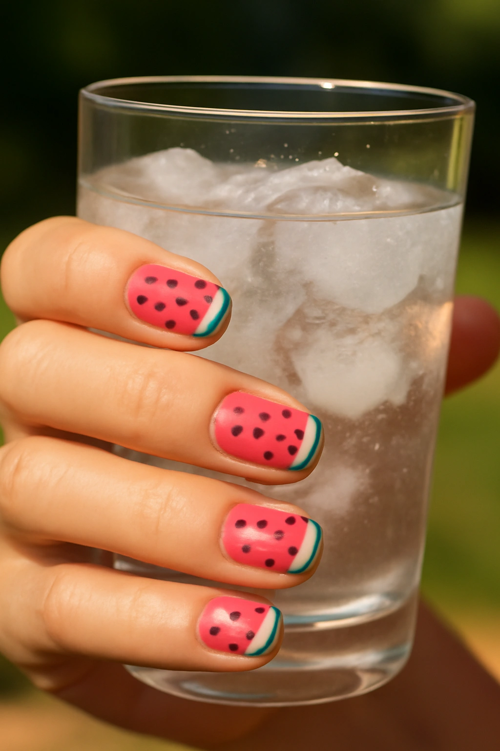 Nail art featuring red watermelon slices with black seeds and green rinds.