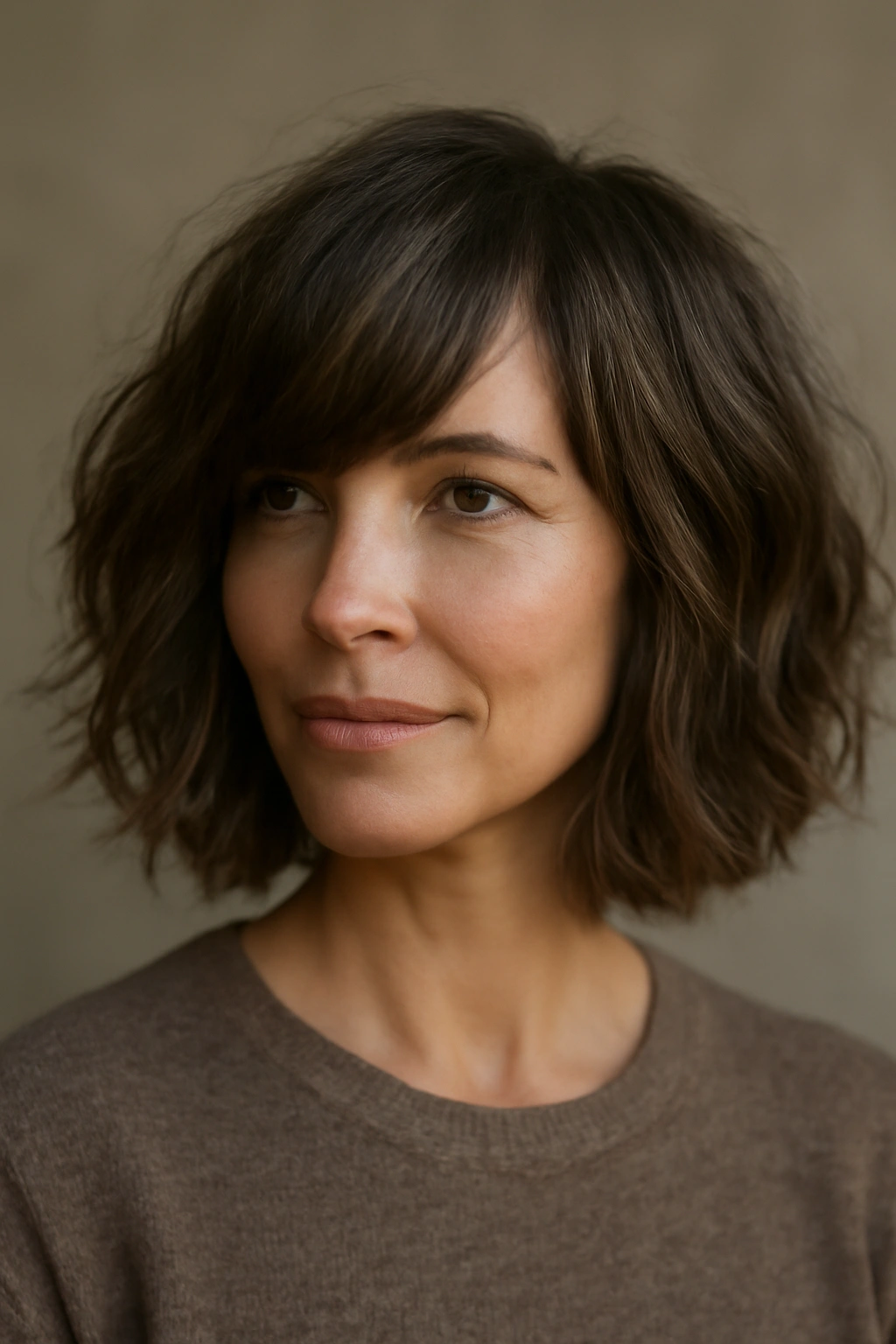 Portrait of a woman over 40 with a wavy bob and asymmetrical bangs