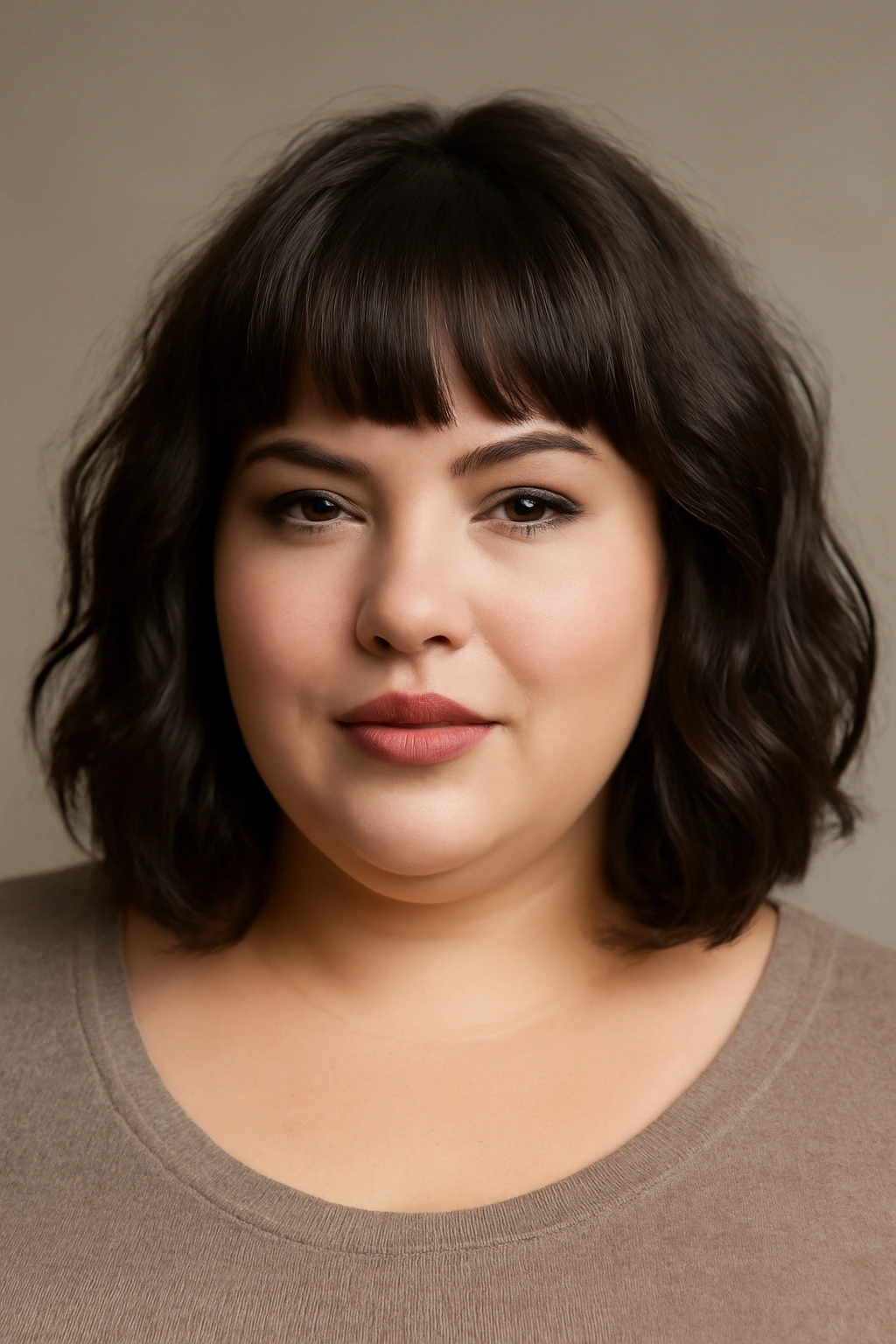 Plus-size model with wavy bob and full bangs