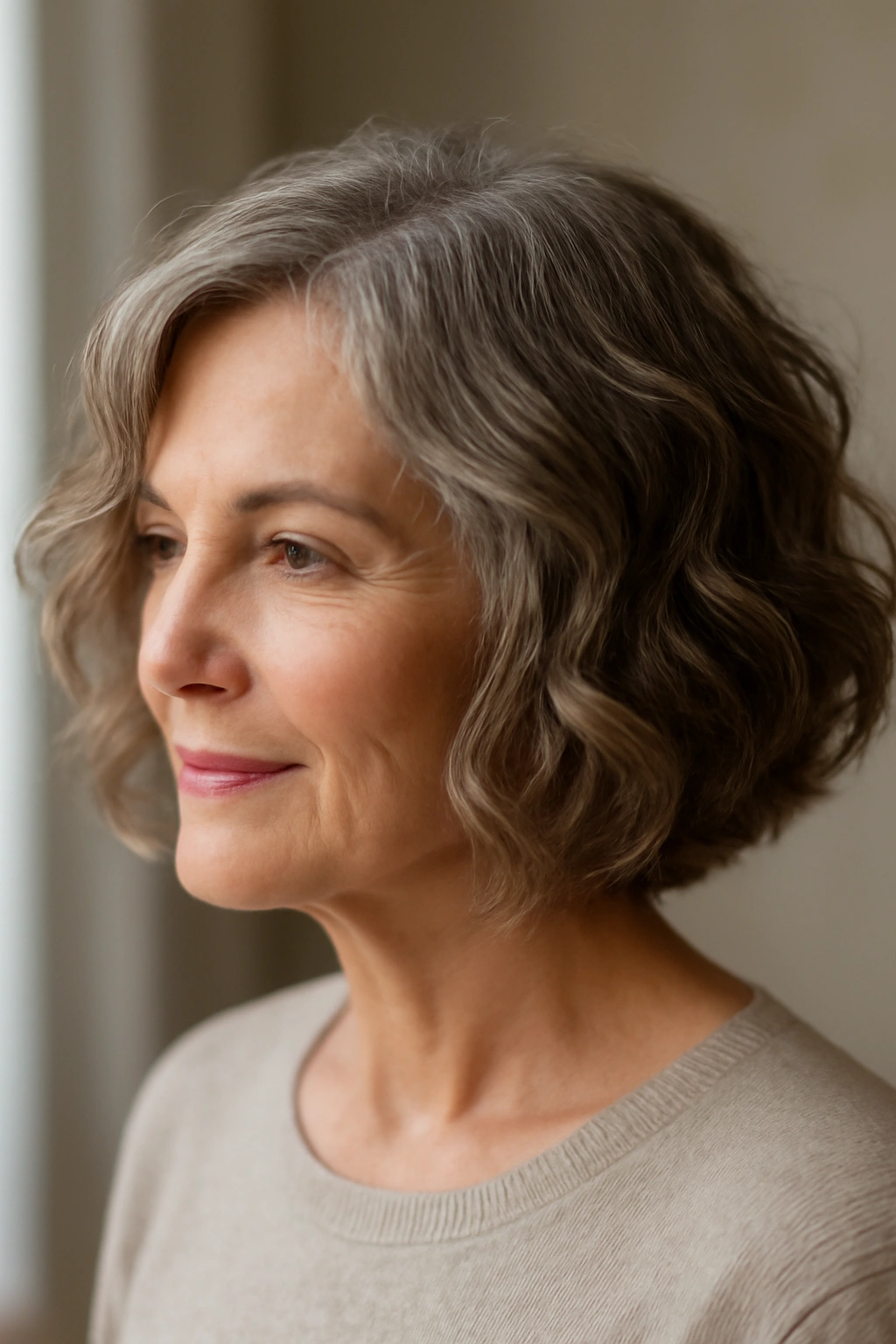 Mature woman with a wavy bob showing loose beachy waves