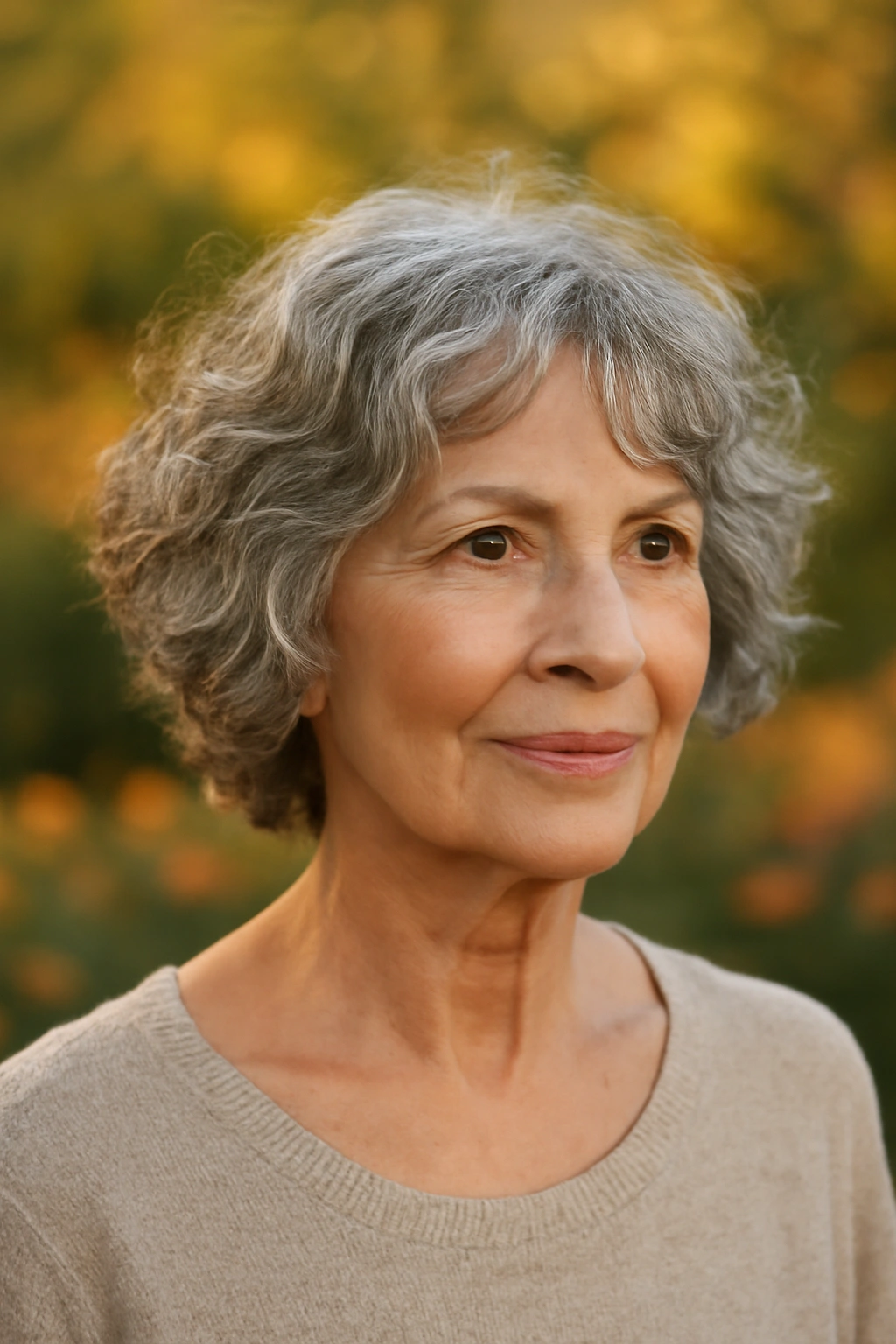 Wavy choppy haircut on an older woman with natural salt and pepper hair