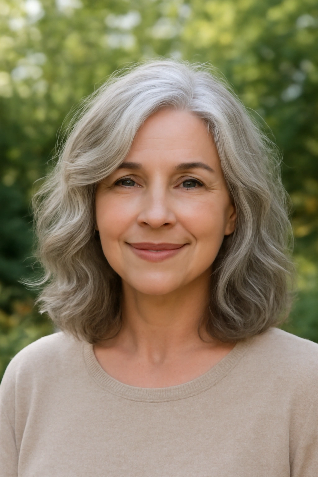 Medium length gray hair with soft natural waves and silver shine