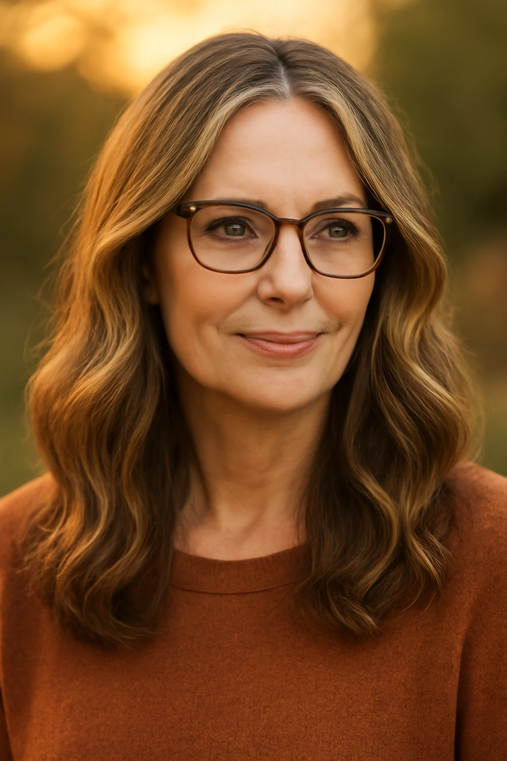Soft waves and a middle part on a woman over 50 with glasses.