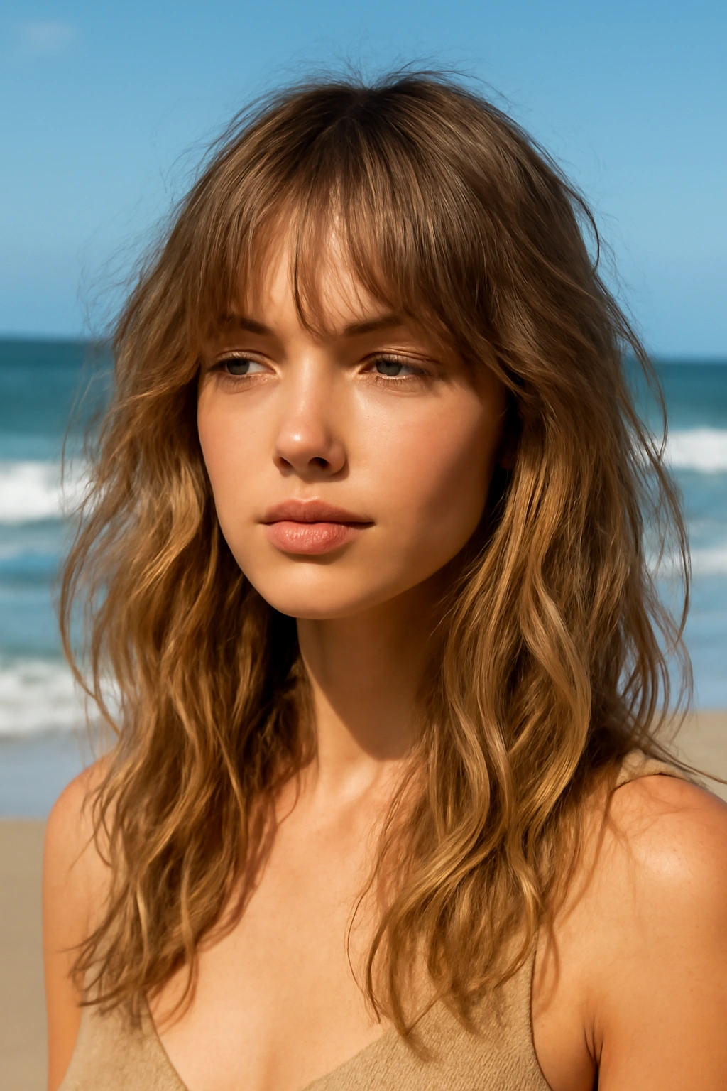 Woman with beachy wavy hair and effortless wispy bangs in a coastal setting.