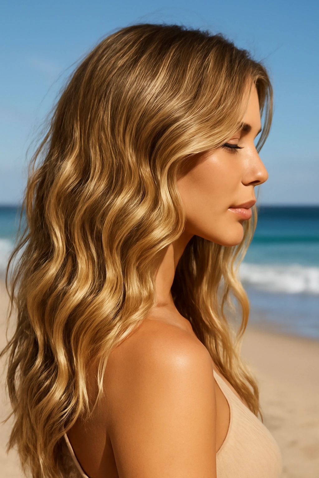 Natural wavy honey blonde hair with sun-kissed highlights catching the light.