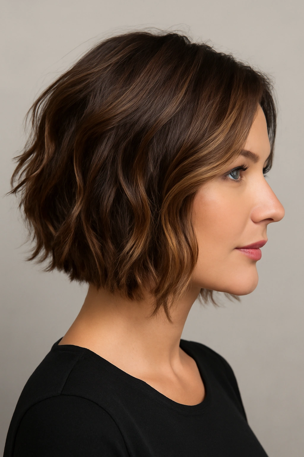 Side view of a woman over 40 with a wavy inverted lob hairstyle