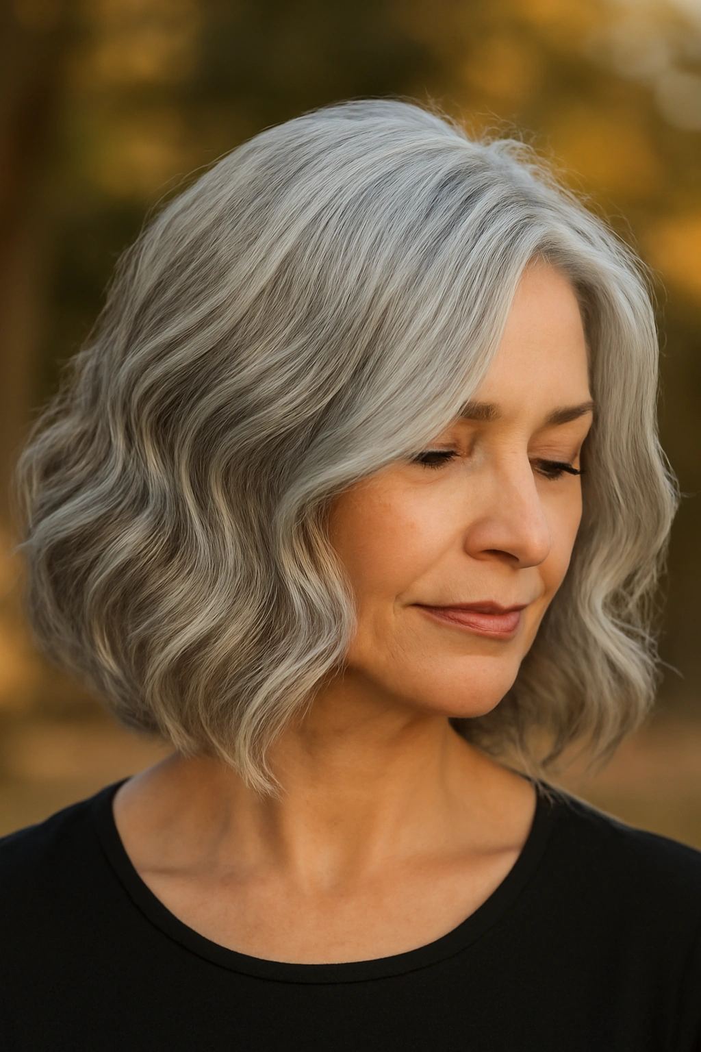 Mature woman sporting a wavy long bob in a stunning gray shade with elegant waves