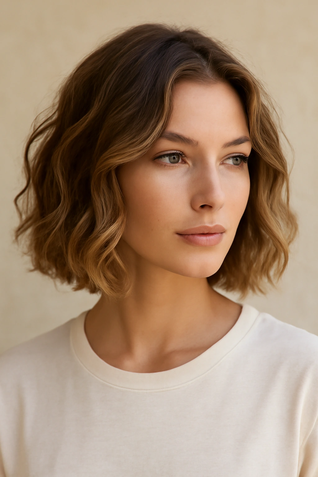 Shoulder-length wavy lob with soft beachy waves and natural texture.