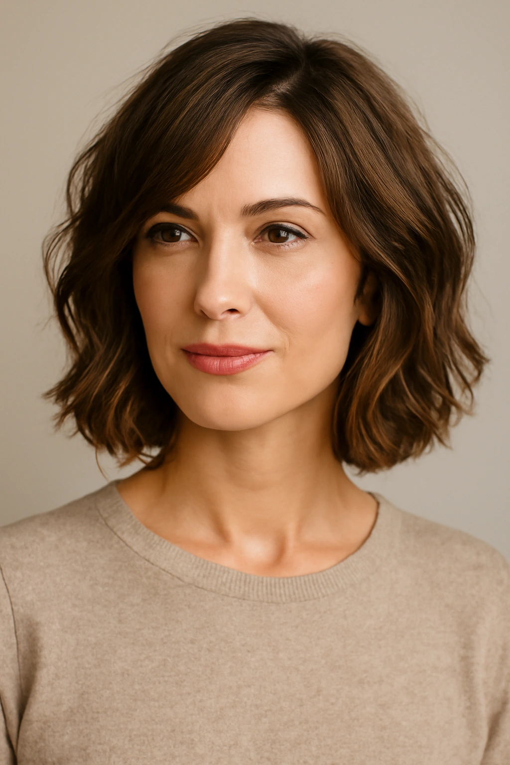 Portrait of a woman with a wavy lob in soft studio lighting