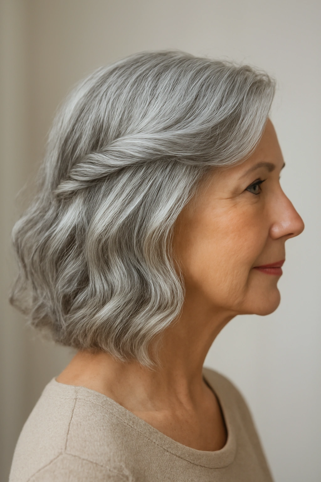 Woman over 70 with a wavy lob hairstyle and a subtle twist pinned back in her silver hair.