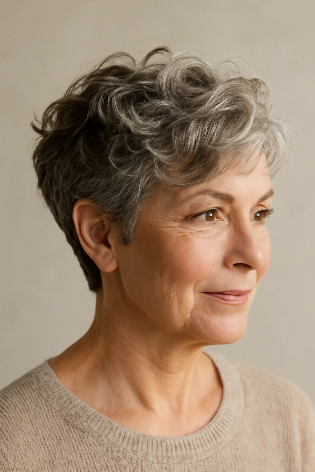 Close-up of The Wavy Pixie hairstyle with defined waves and crown lift
