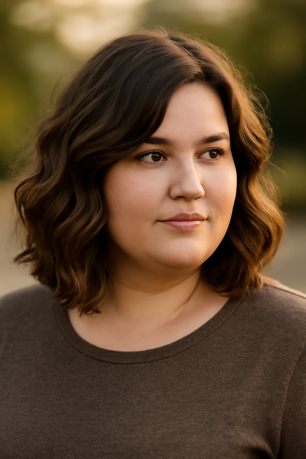 Plus-size woman with wavy shoulder-length hair and natural texture
