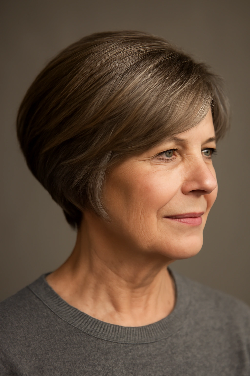 Mature woman with wedge cut featuring stacked back layers