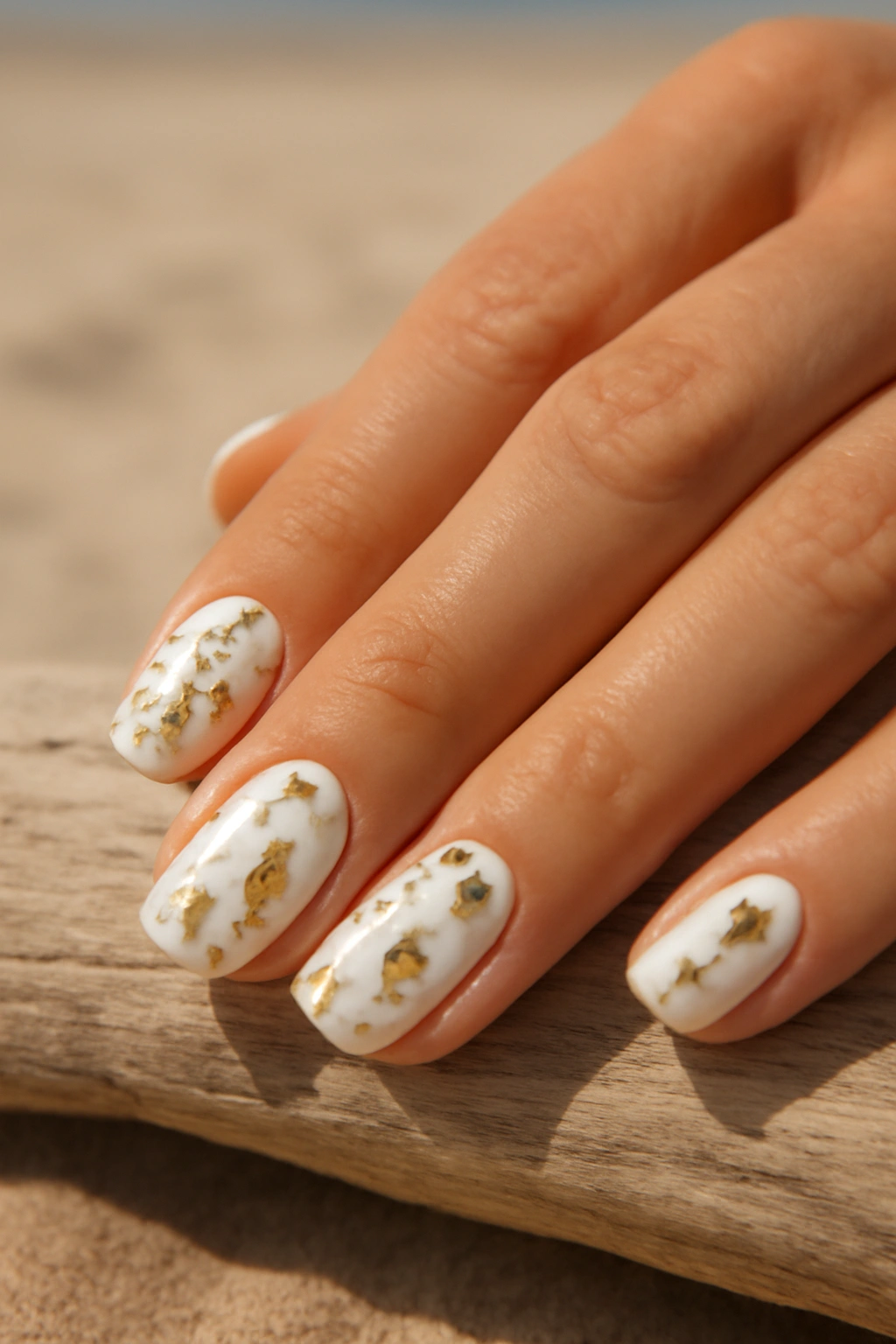 Close up of white manicured nails with gold foil flakes resting on driftwood