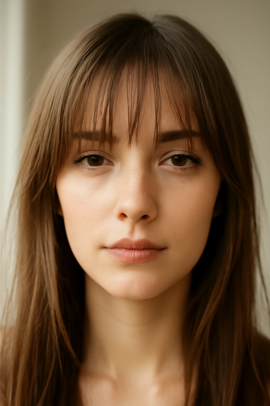 Close-up of classic wispy bangs with thin feathered strands across the forehead