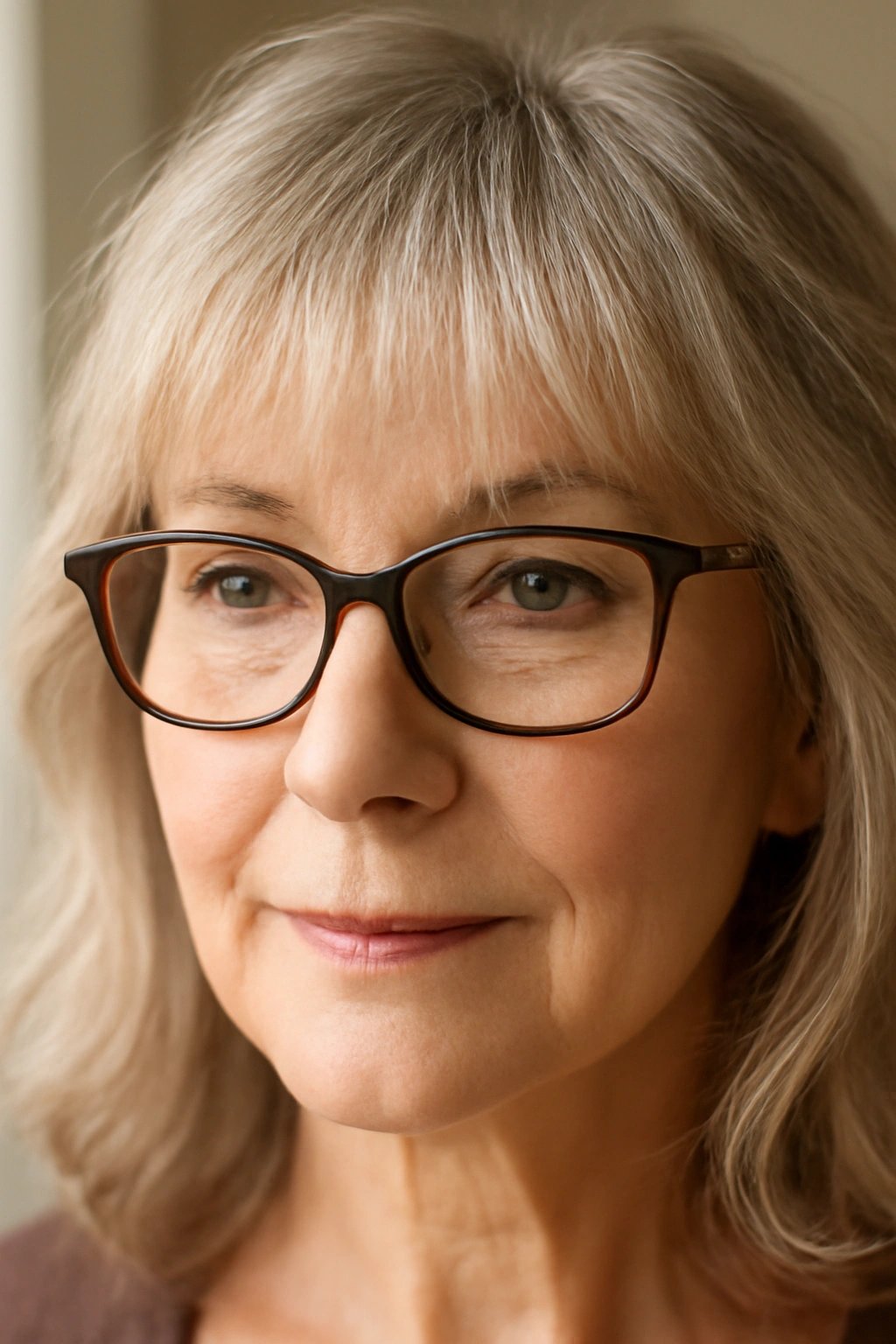 Mature woman with soft wispy bangs and stylish glasses