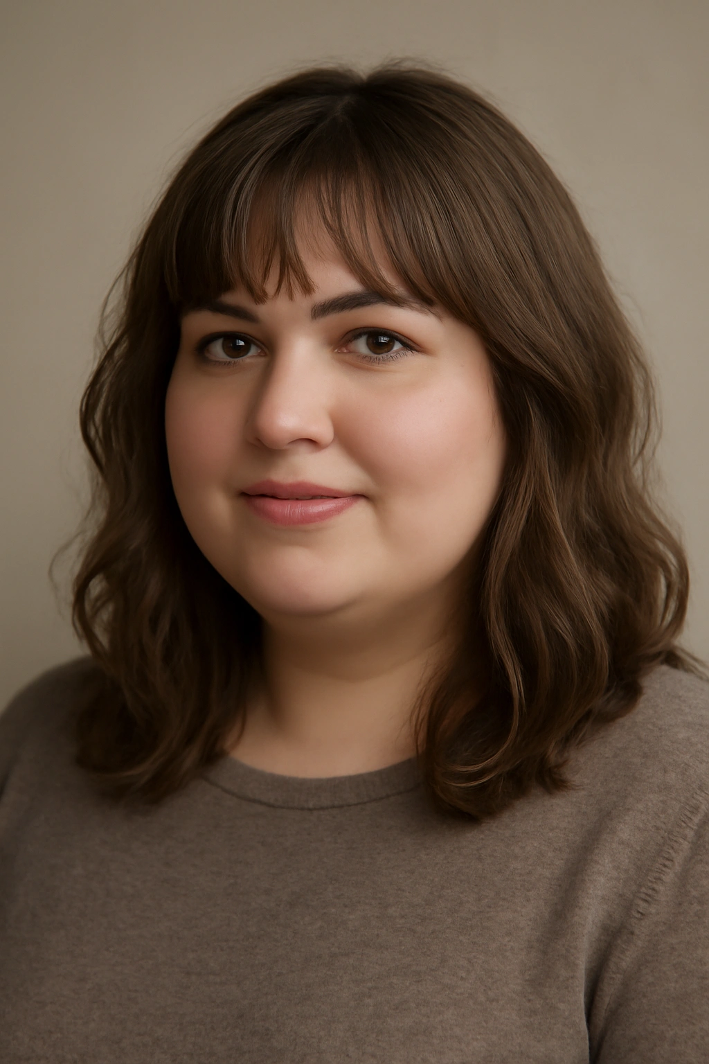 Mid-length hair with wispy bangs on a plus-size woman