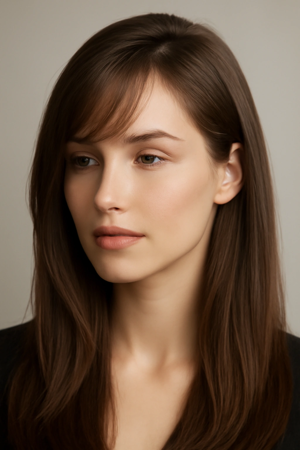 Woman with a deep side part and soft wispy bangs blending into long hair
