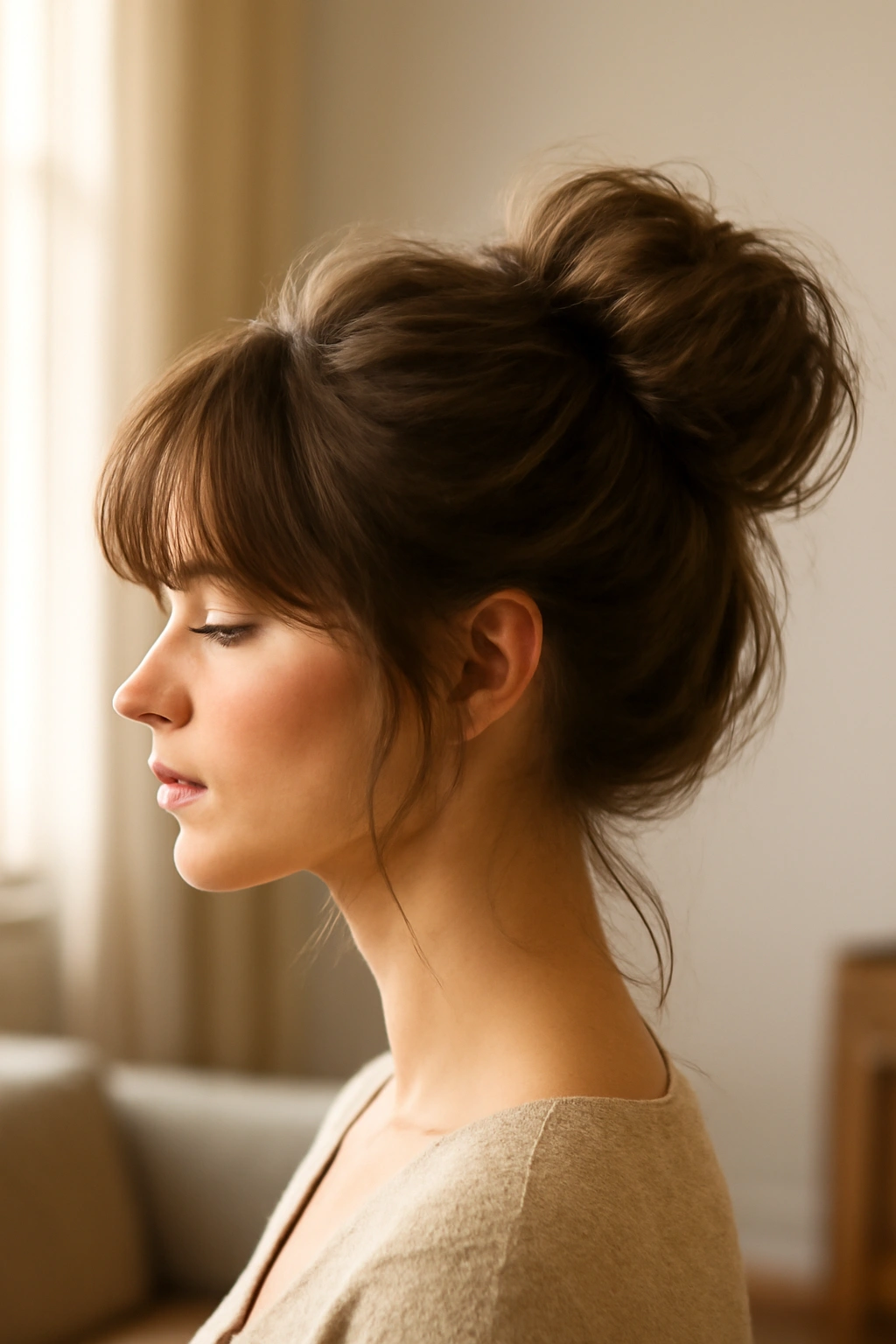Woman wearing an elegant high bun updo with soft wispy bangs framing her face.
